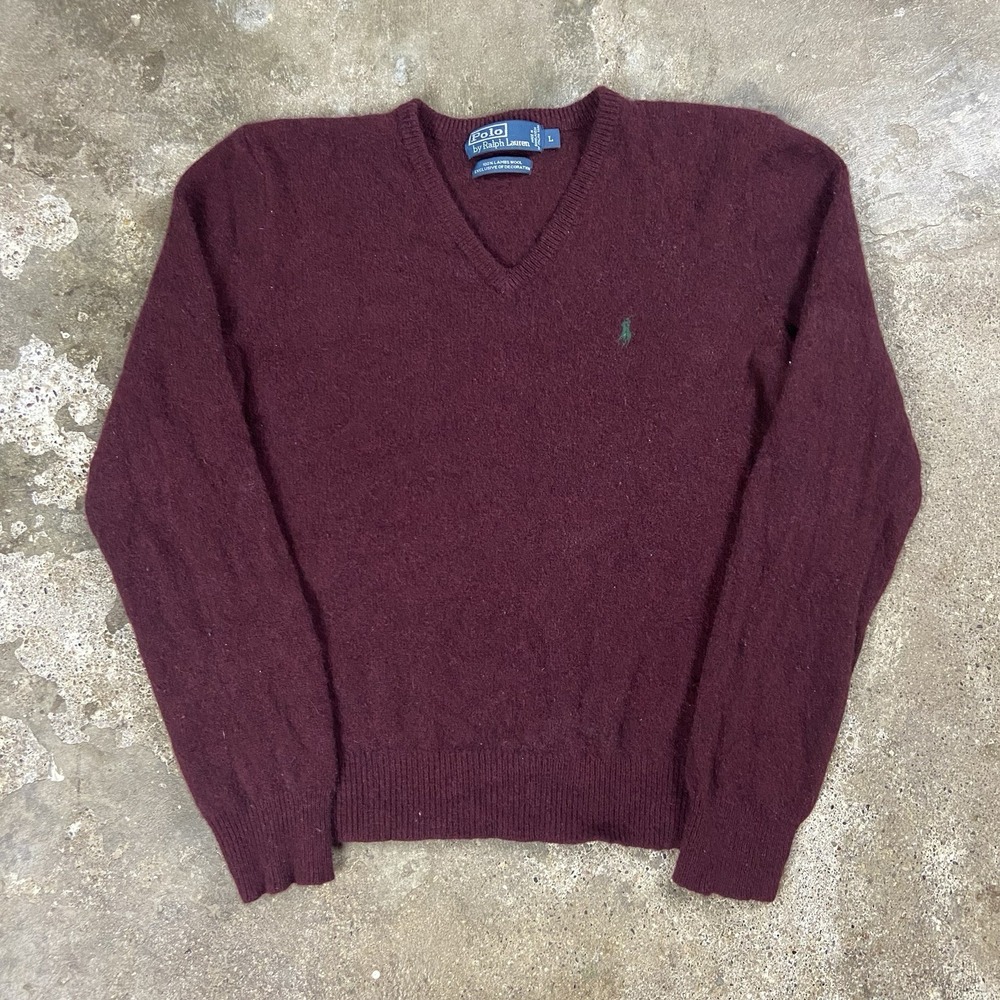 Vintage 90s Polo Ralph Lauren V-Neck Sweater Size Small Burgundy Lambs Wool Knit